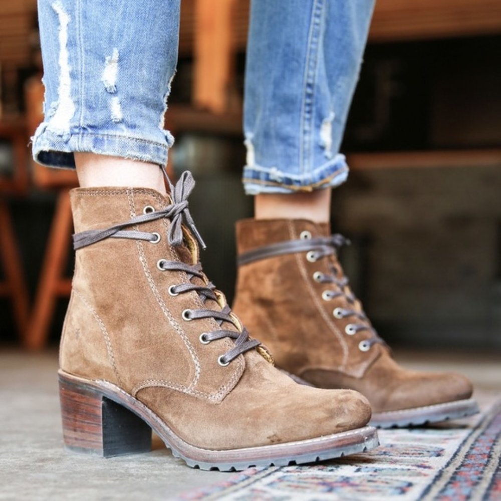 RARE Frye Sabrina 6G Lace Up Genuine Cognac Leather Classic Combat Ankle Boots - Picture 8 of 16